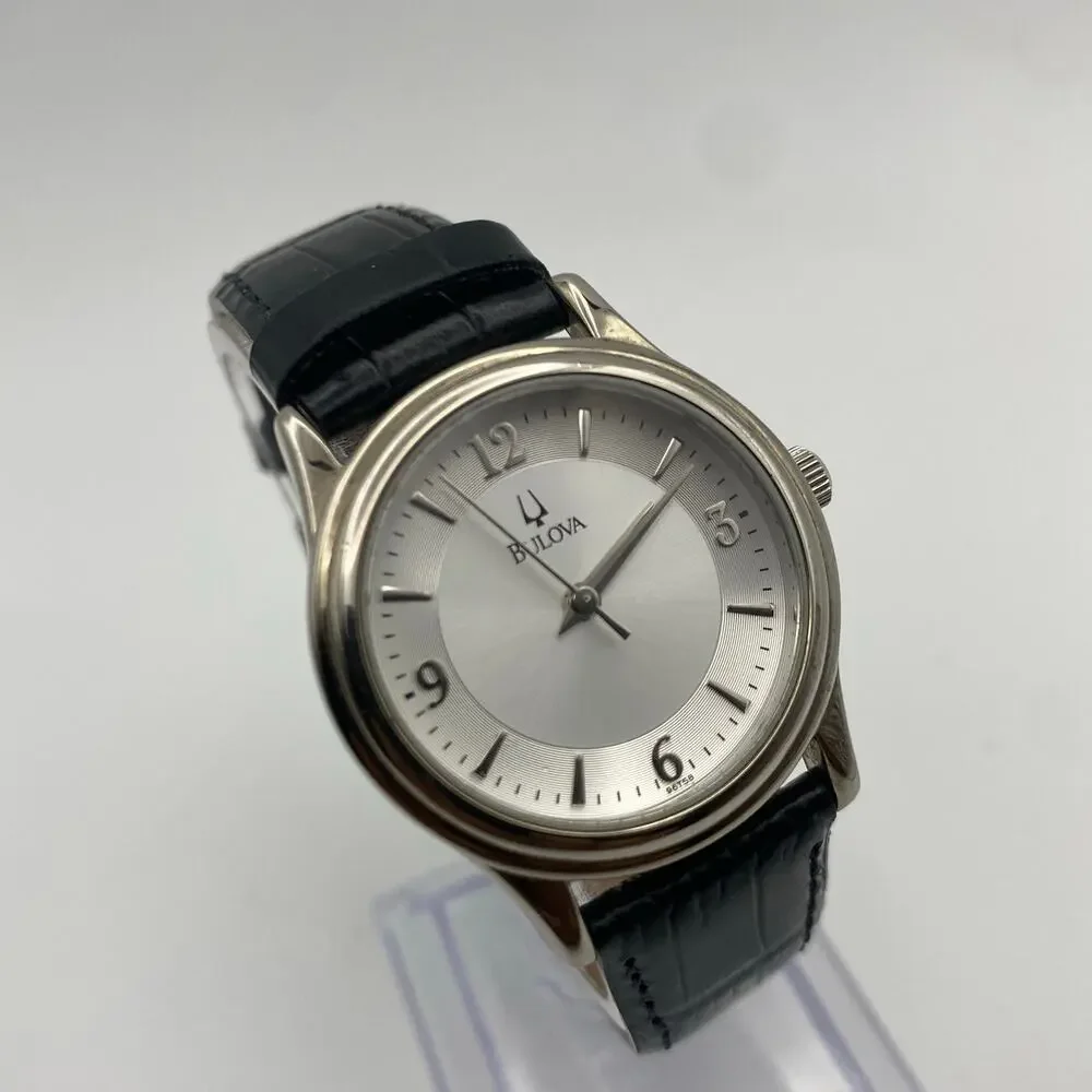 Elegant Bulova Silver Tone Watch with Black Leather Band Working New Battery - Picture 3 of 9